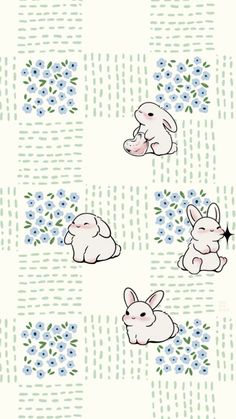 an image of rabbits and flowers on a white background with blue flowers in the middle