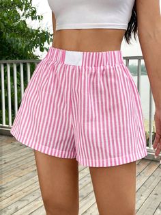 Pink Casual Collar  Woven Fabric Striped Straight Leg Embellished Non-Stretch  Women Clothing Rose Bonbon, Girls Shorts, Casual Summer Shorts, Shorts Casual, Casual Spring, Girls Pajamas, Kids Beachwear, Short Girls, Primavera Estate