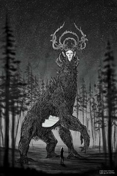 a person standing in the middle of a forest with an animal on it's back