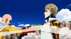 two anime characters facing each other in front of a blue sky with clouds and mountains