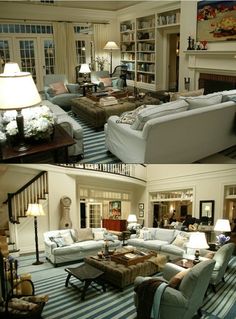 two pictures of living room with couches and lamps