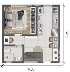 the floor plan for a small apartment with one bedroom and an attached bathroom, including a separate living area