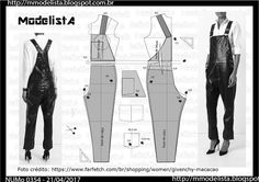 a paper model of a woman's overalls and pants, with measurements for each piece