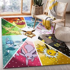 a rug with pokemon pictures on it in front of a chair and potted plant