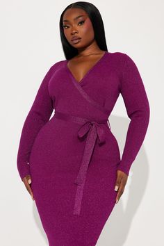 Available In Magenta And Copper. Sweater Midi Dress Deep V-Neck Long Sleeve Tie Waist Stretch 60% Rayon 30% Nylon 10% Metallic Yarn Imported | Klarissa Sweater Midi Dress in Magenta size Medium by Fashion Nova Magenta Sweater Outfit Winter, Magenta Bodycon Dress, Mauves Sweater Dress, Glam Closet, Magenta Sweater, Chic Stretch V-neck Sweater Dress, Metallic Yarn, Dinner Dress, Sweater Dress Midi