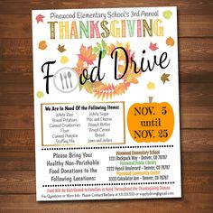 a flyer for the food drive with pumpkins, leaves and other things on it