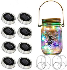 solar powered mason jar with 8 leds and 6 wire clips for string lights, fairy scene