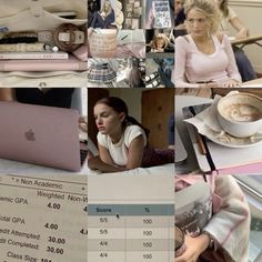 a collage of photos with women working on laptops and other things in the background