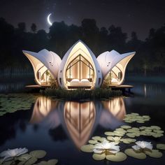 the lotus shaped building is lit up at night with lily pads on the water below