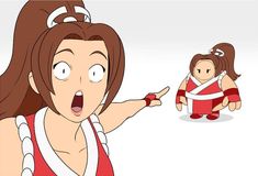 a woman in red and white is pointing at a doll with an angry look on her face