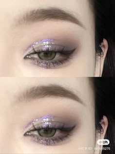 Lavender Douyin Makeup, Purple Eye Makeup Monolid, Glittery Korean Makeup, Purple Eye Makeup Douyin, Glittery Purple Makeup, Glitter Eye Makeup