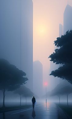 a person walking down a street in the fog with tall buildings behind them and trees on either side