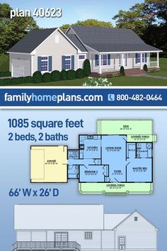 two story house plan with 3 beds and 2 baths in the front, an open floor plan