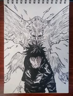 a drawing of an anime character with wings on his head and another character in the background