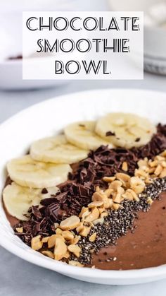 chocolate smoothie bowl with banana slices and nuts on top, in a white bowl