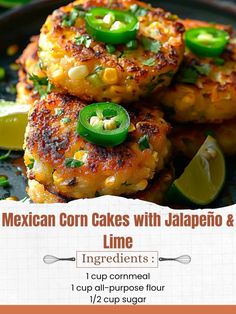 mexican corn cakes with jalapeno and lime ingredients on a plate, ready to be eaten