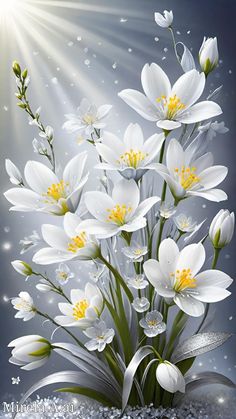 a painting of white flowers on a blue background with sunlight streaming through the sky above