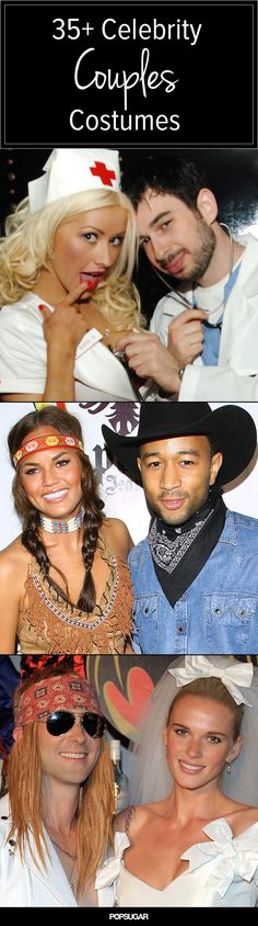 four pictures of people dressed up in costumes and hats with the words celebrity couples written on them