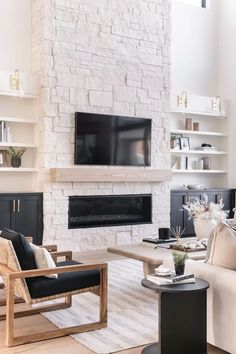 a living room filled with furniture and a flat screen tv mounted on the wall above a fireplace