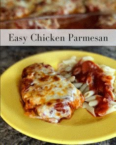 a yellow plate topped with chicken parmesan and pasta