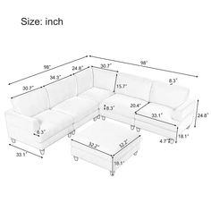 a white sectional couch and ottoman with measurements for the size, including the seat height