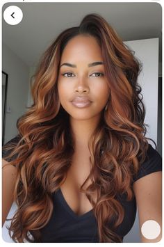 Copper And Black Hair On Black Women, Hair Color Ideas African American Women, Natural Hair Colors Ideas, Fall Blonde Hair Color Black Women, Black With Ginger Highlights, Copper Highlights Black Women, Fall Hair Colors For Light Skin Women, Auburn Copper Hair With Highlights