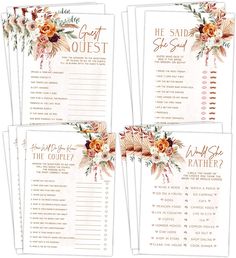 three wedding game cards with flowers and leaves on the front, one for each guest