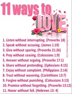 a pink poster with the words 11 ways to love