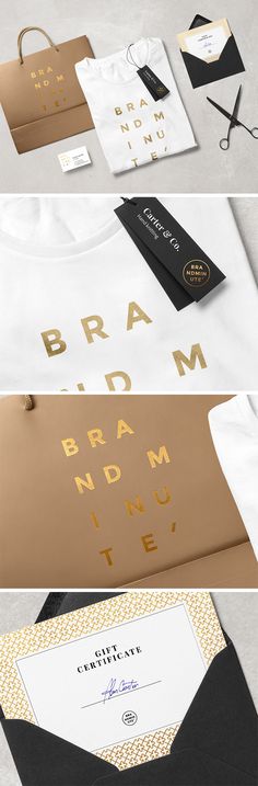 three different types of business cards and envelopes with gold foil lettering on the front