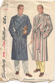 Simplicity 2172; Men's Robe: The robe has three large patch pockets trimmed with applied bands. The cuffed sleeves are cut in two sections and a tie belt finishes the robe. Style I has a two-button front closing and a button trim for a double-breasted effect. Top-stitching and a notched collar enhance the robe. Style II has a shawl collar. Copyright 1947 Also released as Simplicity S13 in Australia / New Zealand. Size: Small Chest: 34 - 36 This pattern is cut and complete. The envelope is tatter Bathrobe Pattern, 1950s Jacket Mens, Mens Dressing Gown, Cargo Jacket Mens, Mens Sewing Patterns, Blithe Spirit, Green Cargo Jacket, Vintage Pajamas, 1950s Mens