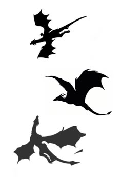 three black and white silhouettes of bats flying in the air, one with its wings spread