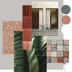 a collage with different shades of green and brown, including the house in the background