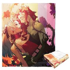 two anime characters are hugging each other in front of a colorful background with leaves and flowers