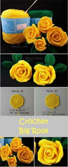 crochet big rose is shown with instructions to make it look like the flower