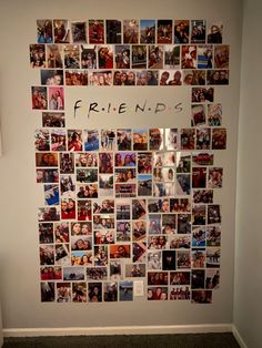 a white wall with many pictures on it and the word friends written in large letters