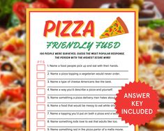 a pizza tri - fold game is shown with the words, friendly fried and answer key included