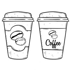 two coffee cups with their lids open and the word coffee written on them in black ink