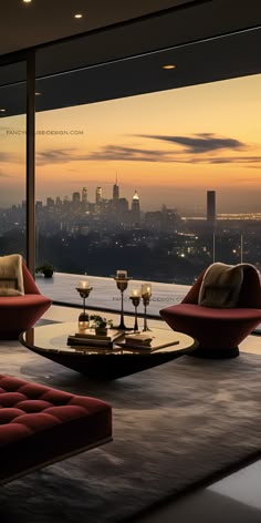 a living room filled with furniture and a large window overlooking the city at sunset or dawn