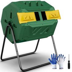 a green and yellow object sitting on top of a metal stand next to blue gloves