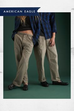 Constructed from vintage-inspired organic reverse twill in a natural undyed color/Waist tab adjusters, front patch pockets, and back button-flap patch pockets/Sustainable hardware and trims/Button fly Utility Pants, Bottoms Pants, Women's Jeans, American Eagle Outfitters, Khaki Pants, American Eagle, Vintage Inspired, Women Jeans, Shop Now