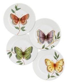 four plates with butterflies painted on them