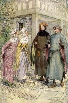 an old illustration of three people standing in front of a building and talking to each other