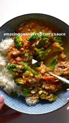 a person holding a plate with rice and broccoli on it, in front of the caption that reads amazing peanut red curry sauce