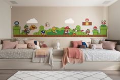 a bedroom with mario and luigi themed wall decals