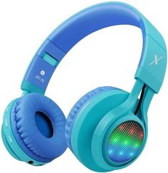 the headphones are blue and have colorful lights