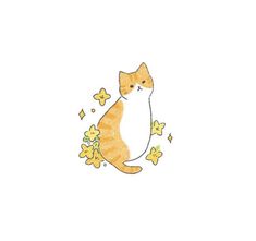 an orange and white cat sitting on top of a flowery branch with butterflies around it