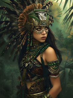 a woman wearing an elaborate headdress in the jungle with feathers on her head