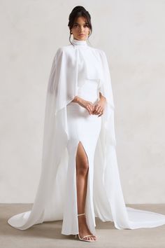 Saint Cream Fishtail Split Maxi Dress With Chiffon Cape – Club L London - USA Long Sleeve Cape Wedding Dress, Cape For Dress, Fish Tail Wedding Dress, Winter Maxi Dress, Chiffon Cape, Brides Mom, Horse Races, Club L London, Leg Split