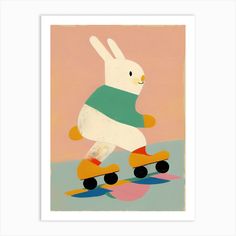 a painting of a white rabbit riding a skateboard