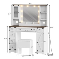 an image of a white vanity with mirror and lights on the top, measurements for it